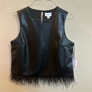 For Cynthia Sz Small Black Faux Leather Crop Top Trimmed Ostrich Feathers NWT